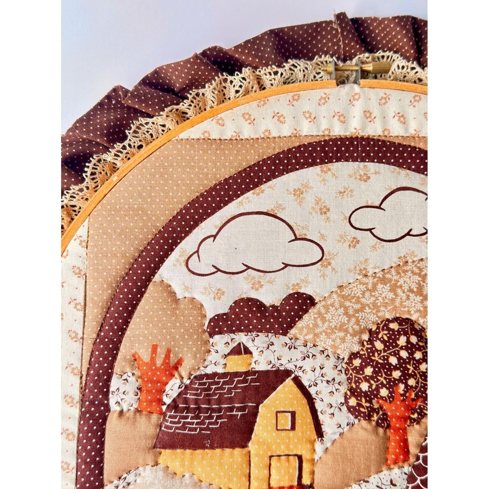 Vintage Handmade Fabric Applique Village Landscape Hoop Wall Art Ruffle 12in - Picture 6 of 11